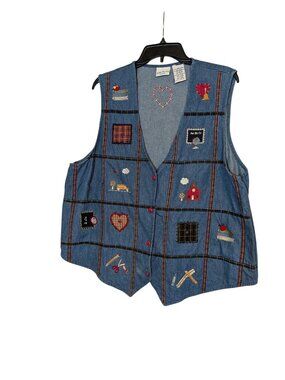 Bobbie Brooks Womens Denim Vest With Cute Sewing Theme Embroidery Red Buttons Si